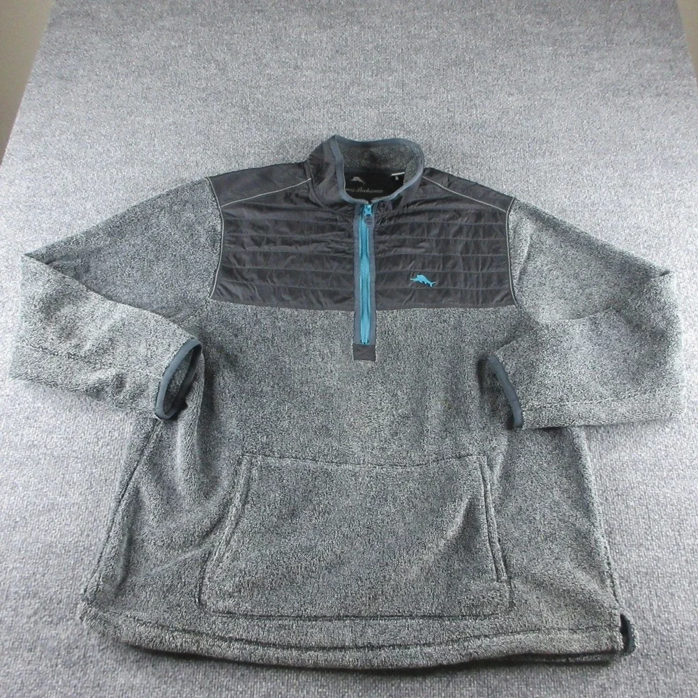 Tommy Bahama Sweater Mens Big 1X Gray Fleece 1/4 Zip Mock Neck Pullover Pockets